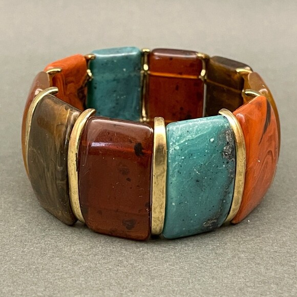 Green Brown Orange Gold-tone Women's Fashion Stretch Bracelet NWOT - Picture 2 of 5
